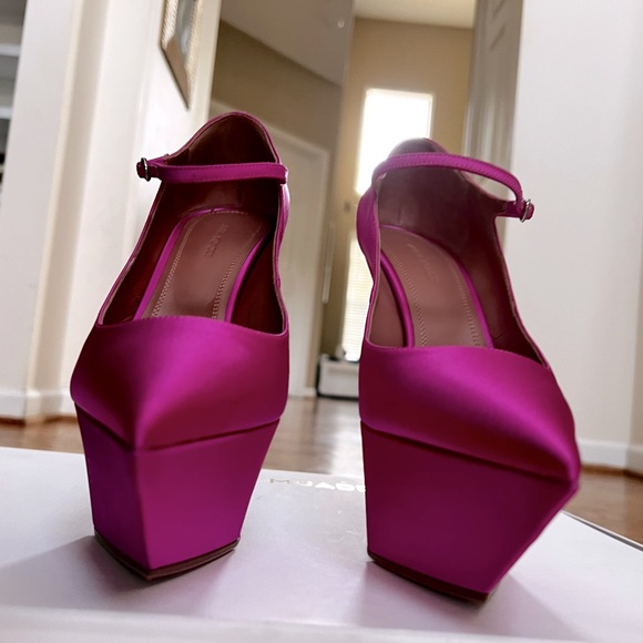 Amina Muaddi Pink Yigit Pointed Satin Platform Pumps in 40.5 - Picture 6 of 12